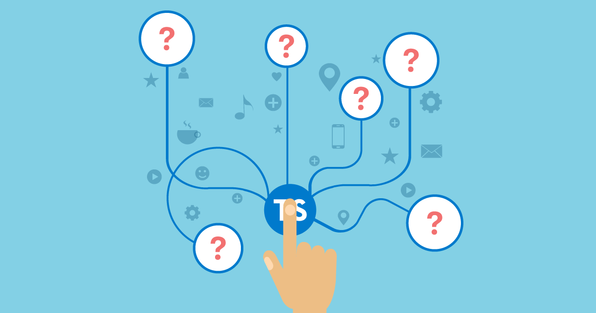 Imagem que ilustra uma mão apertando em um botão com o logotipo do TypeScript e, com isso, ativando outras 6 tecnologias "misteriosas"