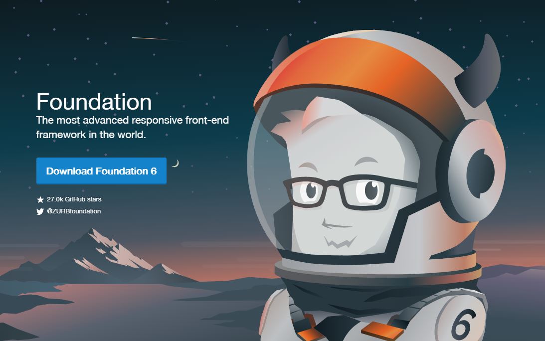 Framework Foundation A imagem apresenta o mascote do framework no espaço. O mascote tem a seguinte aparência: monstro branco, vestido em um traje de astronauta. Ao lado, a seguinte frase: "O mais avançado e responsivo framework front-end no mundo"