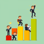 A imagem ilustra um avatar em cada etapa de um projeto. No final, a última etapa aparenta ser uma etapa vitoriosa.