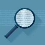A imagem mostra uma lupa inspecionando um código binário