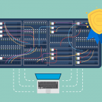 A imagem apresenta um servidor de hospedagem transferindo dados para um computador comum, resumindo brevemente o que acontece quando navegados na internet. O servidor em questão possui uma medalha, representando que é um dos top 6 servidores para leigos em hospedagem.