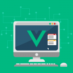 A imagem mostra um computador com o logo do Vue.js no centro de sua tela.